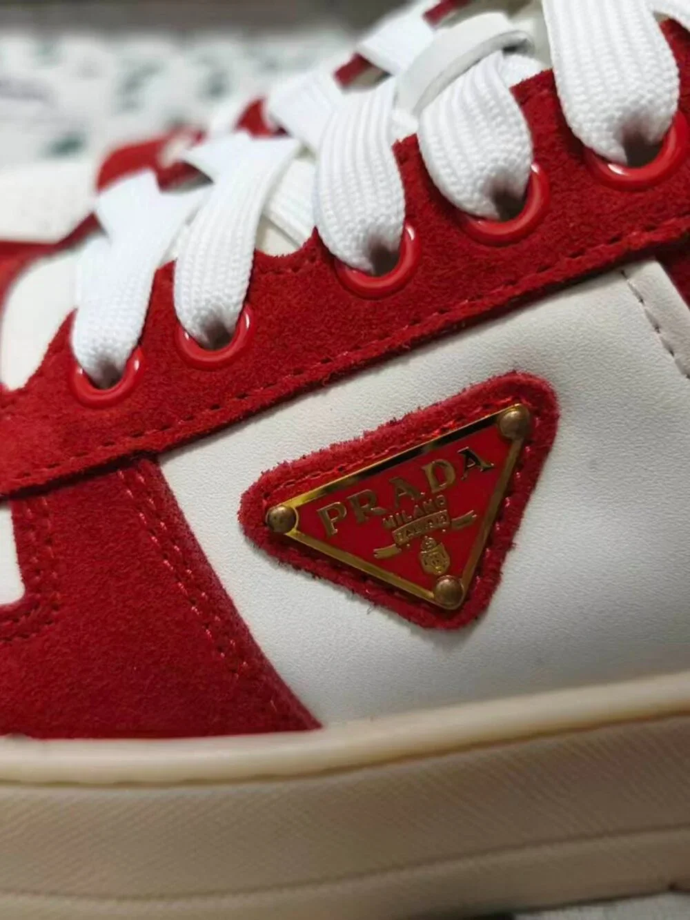 Prada Downtown Bold Sneakers, White & Red Leather Low-Top Shoes